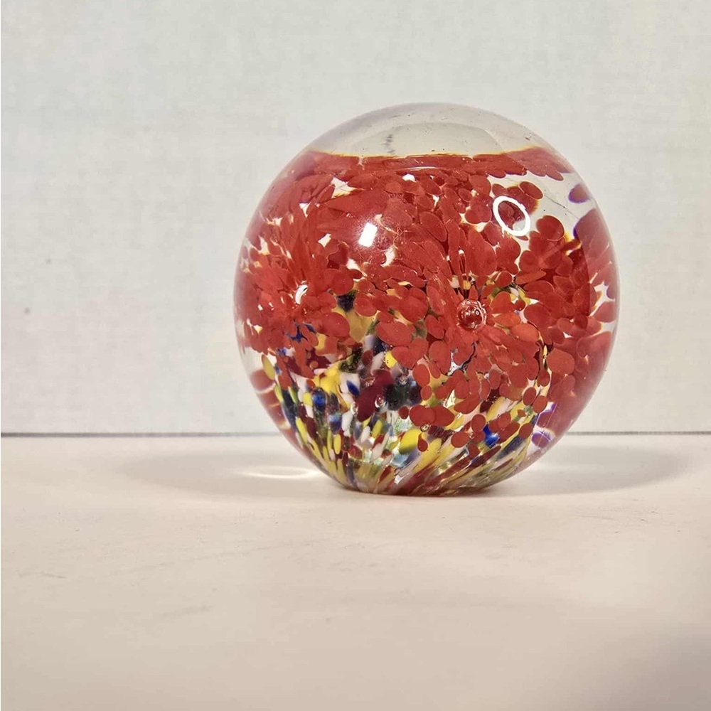 Bubble Round Blown Glass Paperweight Round 3 inches Red Yellow White